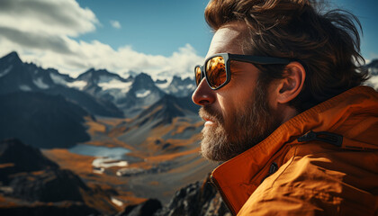 One man hiking mountain peak, enjoying winter adventure and exploration generated by AI - obrazy, fototapety, plakaty