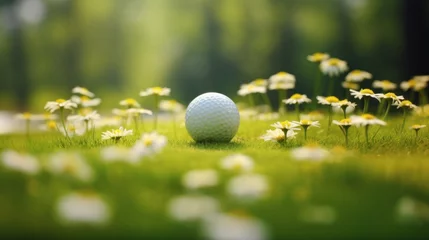 Foto op Canvas A golf ball on the grass with daisies, AI © starush