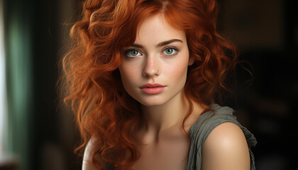 Fototapeta premium A beautiful young woman with curly red hair looking at camera generated by AI