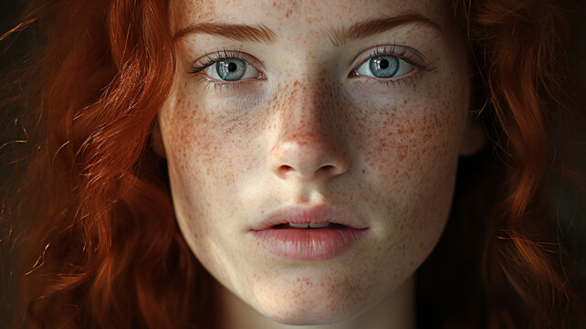 Portrait Of Beautiful Redhead Woman With Freckles