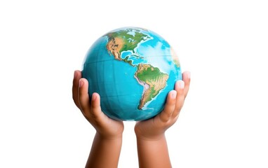 Child's hand holding a globe, white background