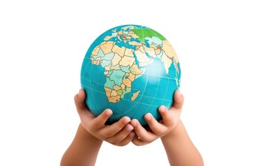 Fototapeta premium Child's hand holding a globe, white background