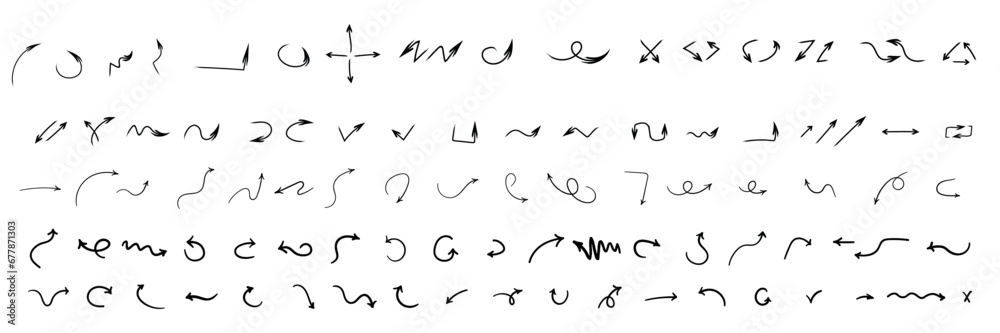 Poster brush stroke set of black arrows. collection hand drawn arrows. charcoal arrows vector icons set. ar