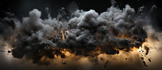 The black explosive bomb caused an isolated fire creating an abstract cloud of smoke that blew dust and created a textured background with a splash - obrazy, fototapety, plakaty