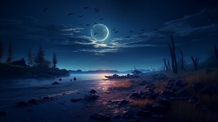 Unreal nighttime landscape with birds