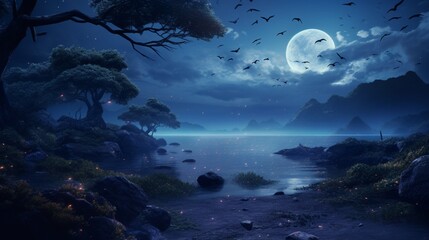 Obraz na płótnie Canvas Unreal nighttime landscape with birds