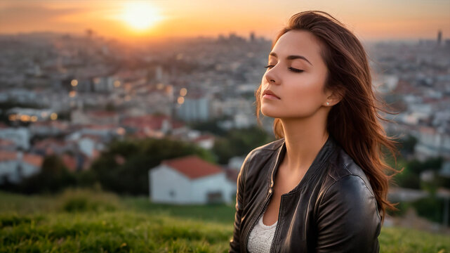 Young woman, at sunset, greeting the sun on the mountainside with a city in the background. Relaxation concept.