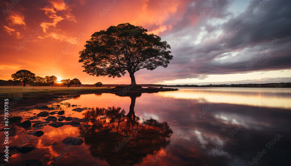 Poster silhouette of tree reflects tranquil sunset on water generated by ai