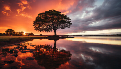 Silhouette of tree reflects tranquil sunset on water generated by AI