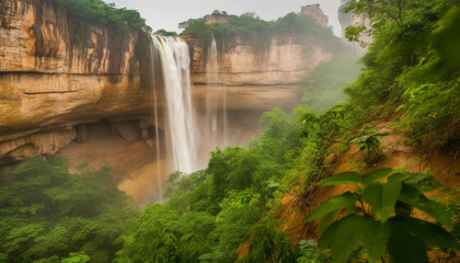 Tranquil scene of majestic cliff, falling water in natural landmark generated by AI