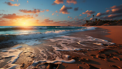 Obraz premium Sunset over the tranquil water, nature golden beauty generated by AI