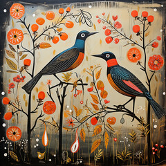 Traditional Madhubani style painting of a birds on a textured background.