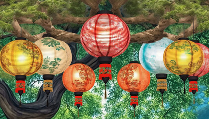 Chinese lantern festival illuminates night with vibrant multi colored decorations generated by AI - obrazy, fototapety, plakaty