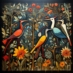 Obraz premium Traditional Madhubani style painting of a birds on a textured background.