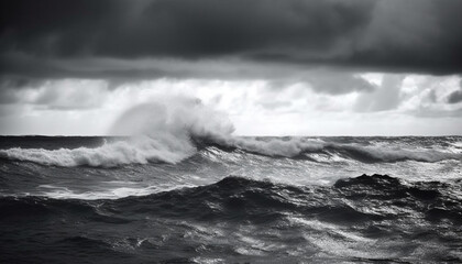 Fototapeta premium Ominous storm cloud breaking over rough seascape, motion and awe generated by AI