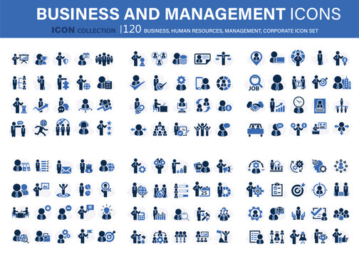 120 Business, human resources, management icon collection. Flat vector illustration