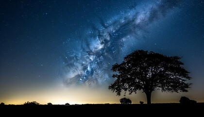 Fototapeta na wymiar Silhouette of tree against star field in majestic landscape generated by AI