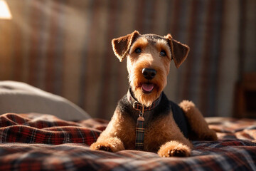 Portrait  of a cute airedale terrier with big eyes against a plaid background