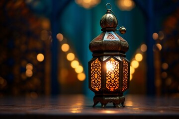 A lantern with Islamic lights in the background. Generative AI