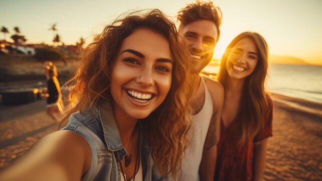 amigos haciéndose selfies en la playa durante las vacaciones de verano. Concepto de juventud y amistad con jóvenes divirtiéndose juntos. 