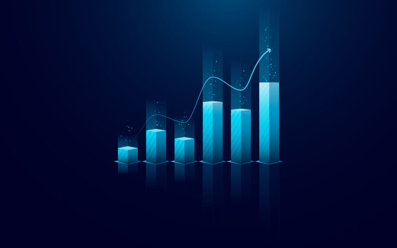 Abstract growth graph chart with up arrow on technology dark blue background. Stock market and success business metaphor. Financial concept. Vector illustration in digital futuristic light blue style.