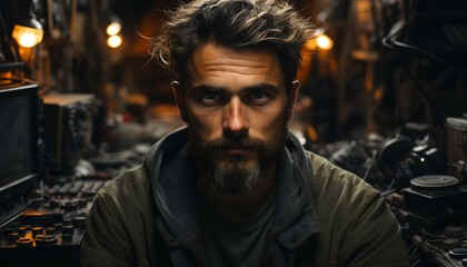 Confident young man in workshop, holding work tool generated by AI