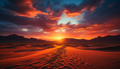 Tranquil scene of majestic mountain range at dusk generated by AI