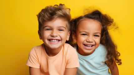 cheerful children, boy and girl on a colored background in the studio, brother and sister, child, kid, toddler, childhood, portrait, face, emotional, expression, joy, friends, happiness, baby, clothes