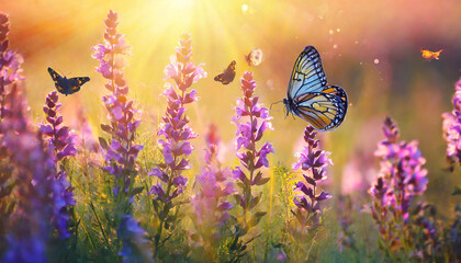 art beautiful summer sunset background with blooming wild lovanda flowers and flying butterflies in...