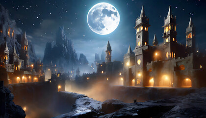 Obraz premium illuminated 3d fantasy fairytale dreamland future science surreal moon city ghost dark