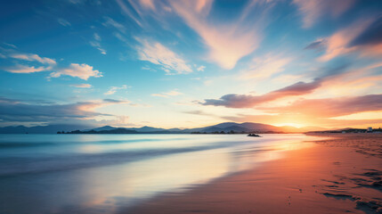 Fototapeta na wymiar Long exposure image of a beautiful idyllic beach landscape at sunset.