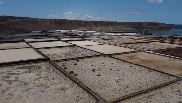 Salinas de Janubio, salt flats in Lanzarote, Canary Islands. Drone aerial view