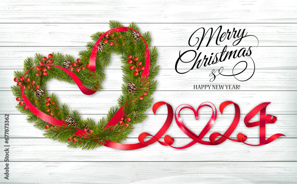 Leinwandbilder Happy Holiday background. Branches of Christmas Tree with berries the shape of a heart and  numbers 2024 made from red ribbon. Vector.