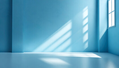 minimal abstract light blue background for product presentation shadow and light from windows on wall