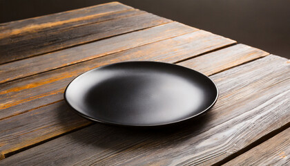 perspective view of empty black plate on wooden background empty space for your design