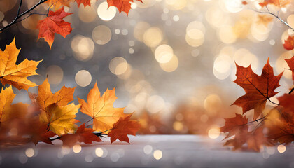 maple leaves on abstract blurred background with bokeh copy space light bright autumn background for text
