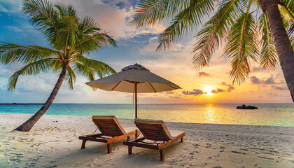 beautiful tropical sunset scenery two sun beds loungers umbrella under palm tree white sand sea...