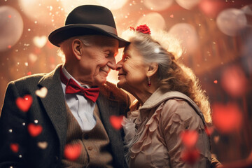 The loving elderly man and woman couple dressed in cozy romantic winter outfit gently touch foreheads on flying hearts festive bokeh background. Saint Valentine's Day concept