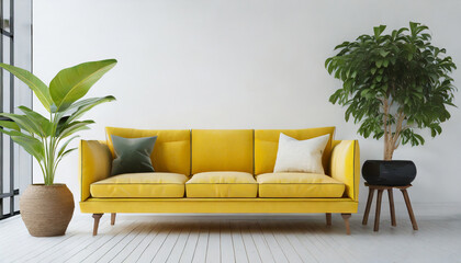 yellow sofa and plant in a living room on white backgrouund