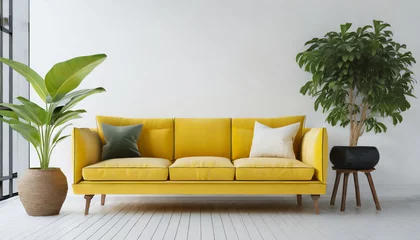Foto op Plexiglas yellow sofa and plant in a living room on white backgrouund © Emanuel