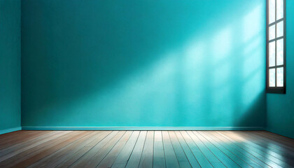 blue turquoise empty wall and wooden floor with interesting with glare from the window interior...