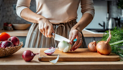 woman hands cutting fresh onion with knife - Powered by Adobe