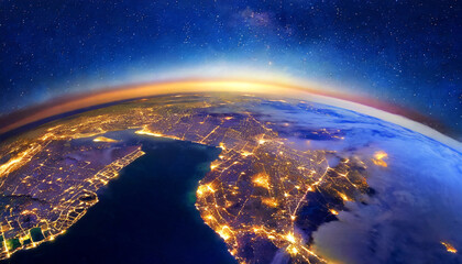 panoramic view on planet earth globe from space glowing city lights light clouds generative ai
