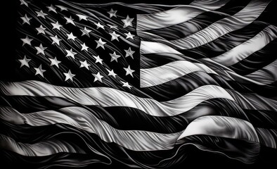 a black and white american flag waving on a black background Generative AI