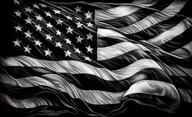 Fotobehang a black and white american flag waving on a black background Generative AI © SKIMP Art
