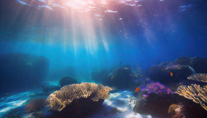 Fototapeta na wymiar world ocean wildlife landscape sunlight through water surface with coral reef on the ocean floor natural scene abstract underwater background