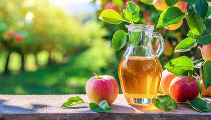 homemade apple cider vinegar or juice in glass healthy organic food fermented fruit drink autumn...