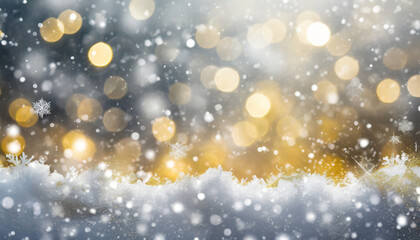 Obraz na płótnie Canvas snowfall texture on blurry background silver and gold abstract blurred bokeh lights christmas and new year holiday backdrop with copy space