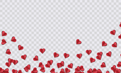 Red flying hearts isolated on transparent background. Vector Illustration. Paper embellishments to decorate a frame or a frame for Valentine's Day,