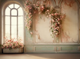 Nostalgic and Romantic Empty Room with Arched Window and Floral Decor